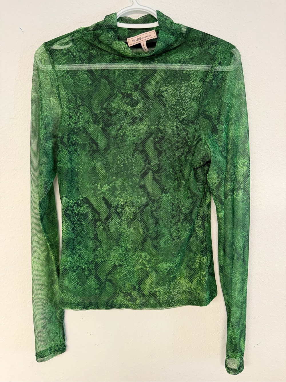 BCBGeneration Green Snake-Print Mesh Long Sleeve Top